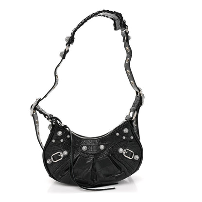 Extra Supple Calfskin Crystal Crocodile Embossed Le Cagole Shoulder Bag XS Black