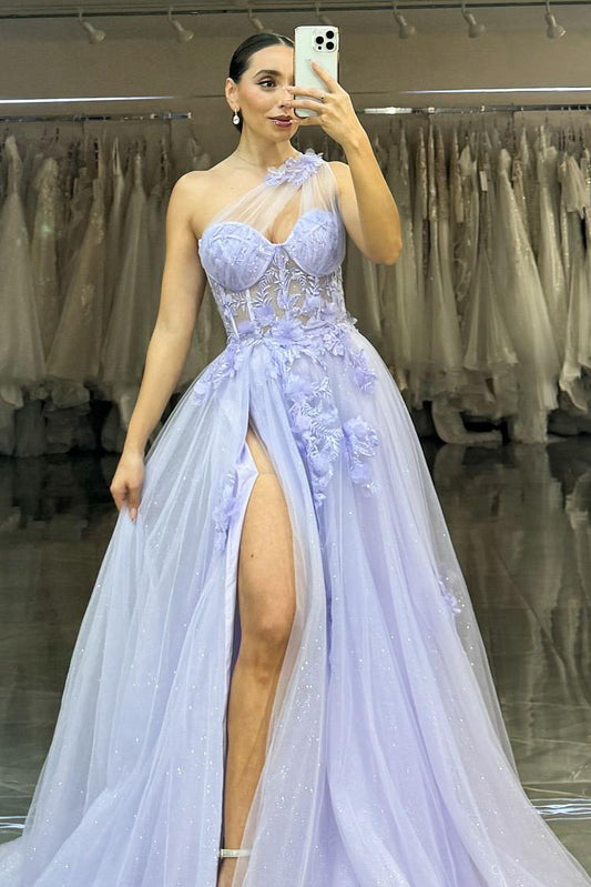 Amazing Purple Tulle One Shoulder Sleeveless Applique Prom Dress with Split