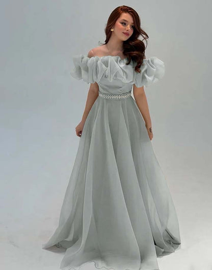 Fashionable Off-The-Shoulder Rhinestone A-Line Tulle Evening Dress