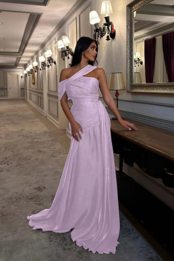 Sleeveless Square One Shoulder Prom Dress With Pleated