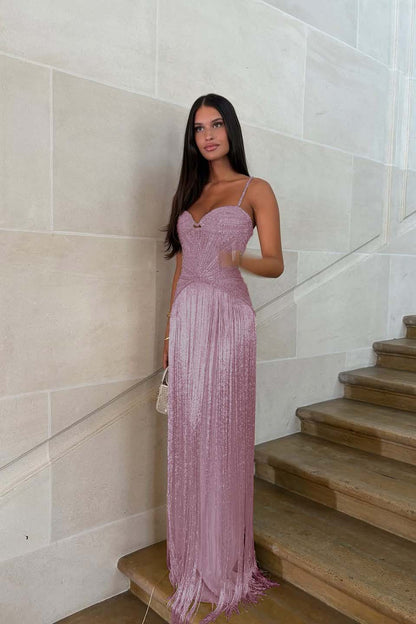 Elegant Sequin Fringe Long Sleeveless Prom Dress with Spaghetti Straps