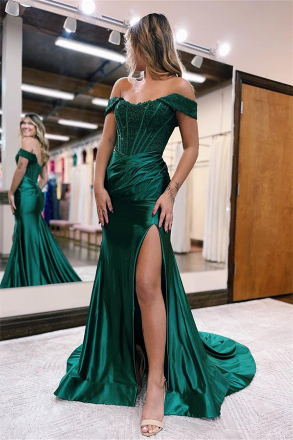 Green Off-The-Shoulder Mermaid Evening Dress With Split Online Prom