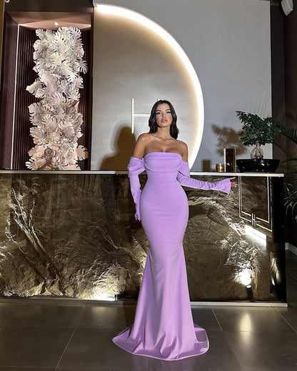 Purple Long Sleeves Square Strapless Mermaid Prom Dress