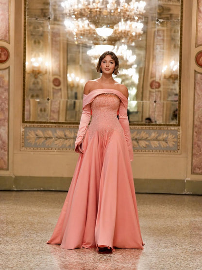 Chic A Line Long Off Shoulder Sleeves Long Prom Dress With Beaded