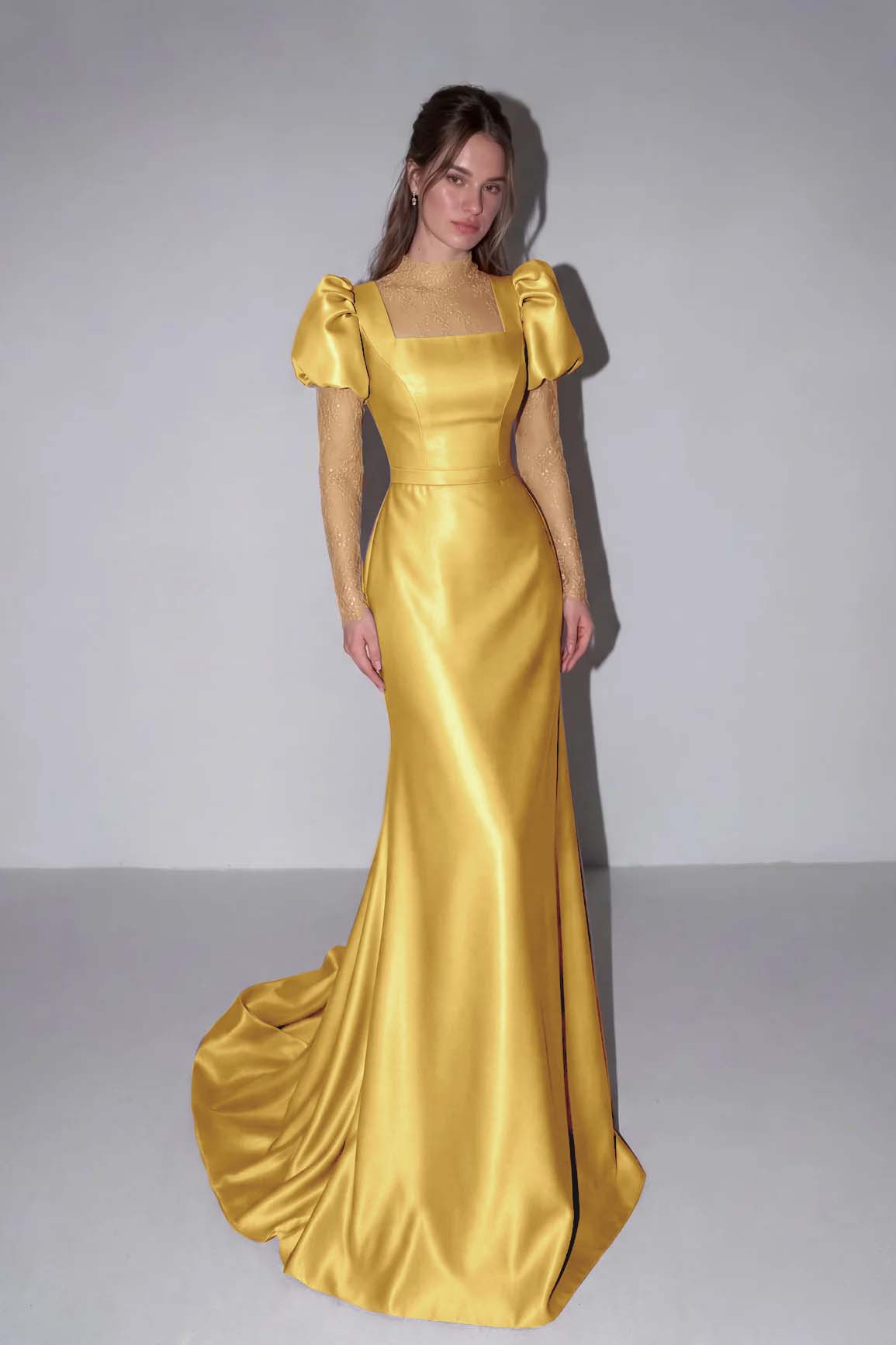 Lilac High Neck Mermaid Prom Dress Long Sleeves in Satin with Lace