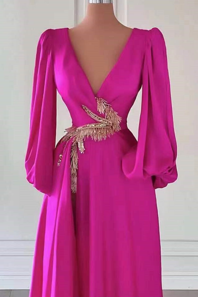 Fuchsia Dark V-Neck A-Line Long Sleeves Prom Dress With Embellishment