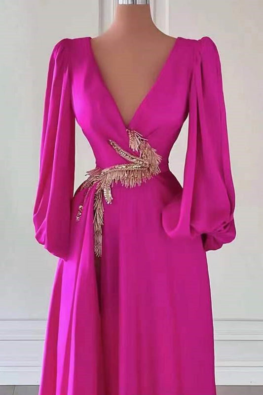 Fuchsia Dark V-Neck A-Line Long Sleeves Prom Dress With Embellishment