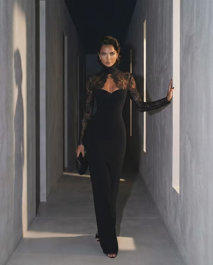 Classic Black High Neck Lace Long Sleeves Maxi Evening Dress