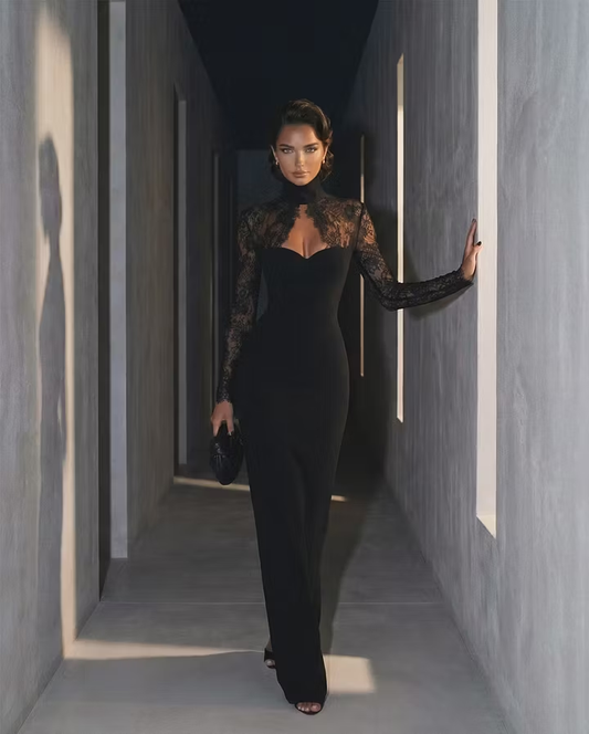 Classic Black High Neck Lace Long Sleeves Maxi Evening Dress
