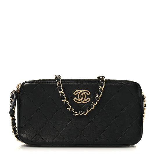 Goatskin Enamel Quilted Small Clutch With Chain Black
