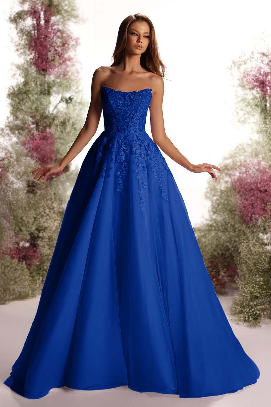 Beautiful Purple Tulle Sleeveless Strapless Applique A Line Prom Dress with Pleated
