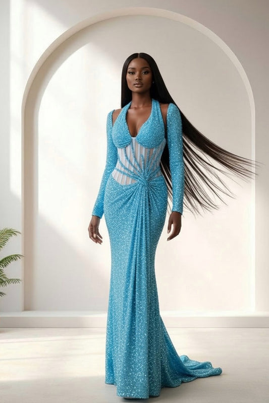 Chic Long Sleeves Halter Straps Mermaid V-Neck Long Prom Dress