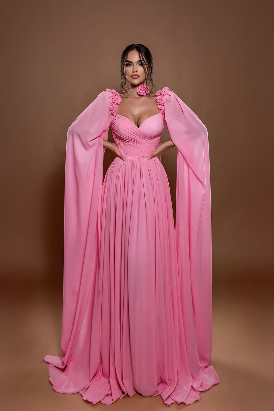 Chic A Line Sleeveless Long Pleated Prom Dress With Shoulder Cape