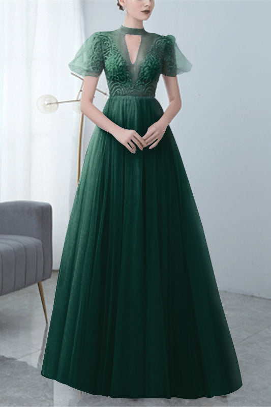 Grey Long Evening Dress Bowknot Tulle With High Collar Appliques
