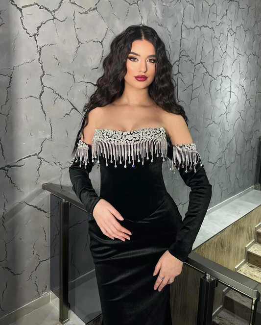 Black Velvet Strapless Long Prom Dress With Sleeves Tassels Acrylic Beads