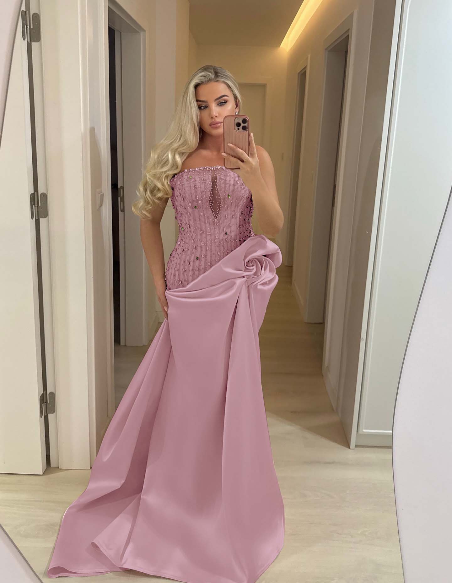 Romantic Pink Straight Across Sleeveless Rhinestone Handmade Flower Evening Dress