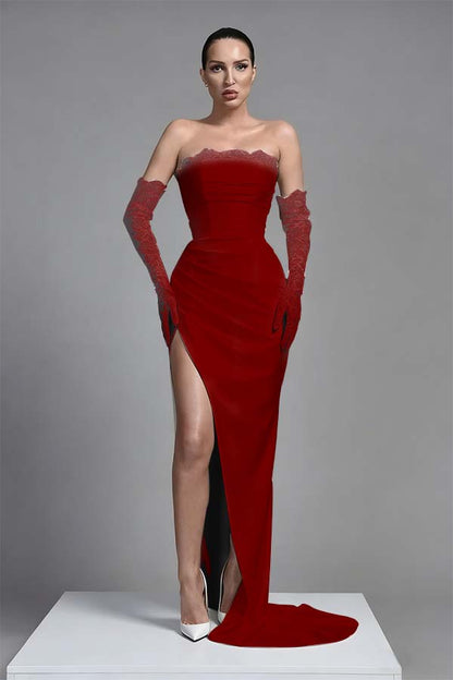 Black Sleeveless Long Split Pleated Evening Dress With Long Gloves