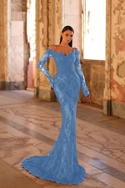 Elegant Black Lace Long Sleeves Off the Shoulder Mermaid Long Prom Dress with Beadings