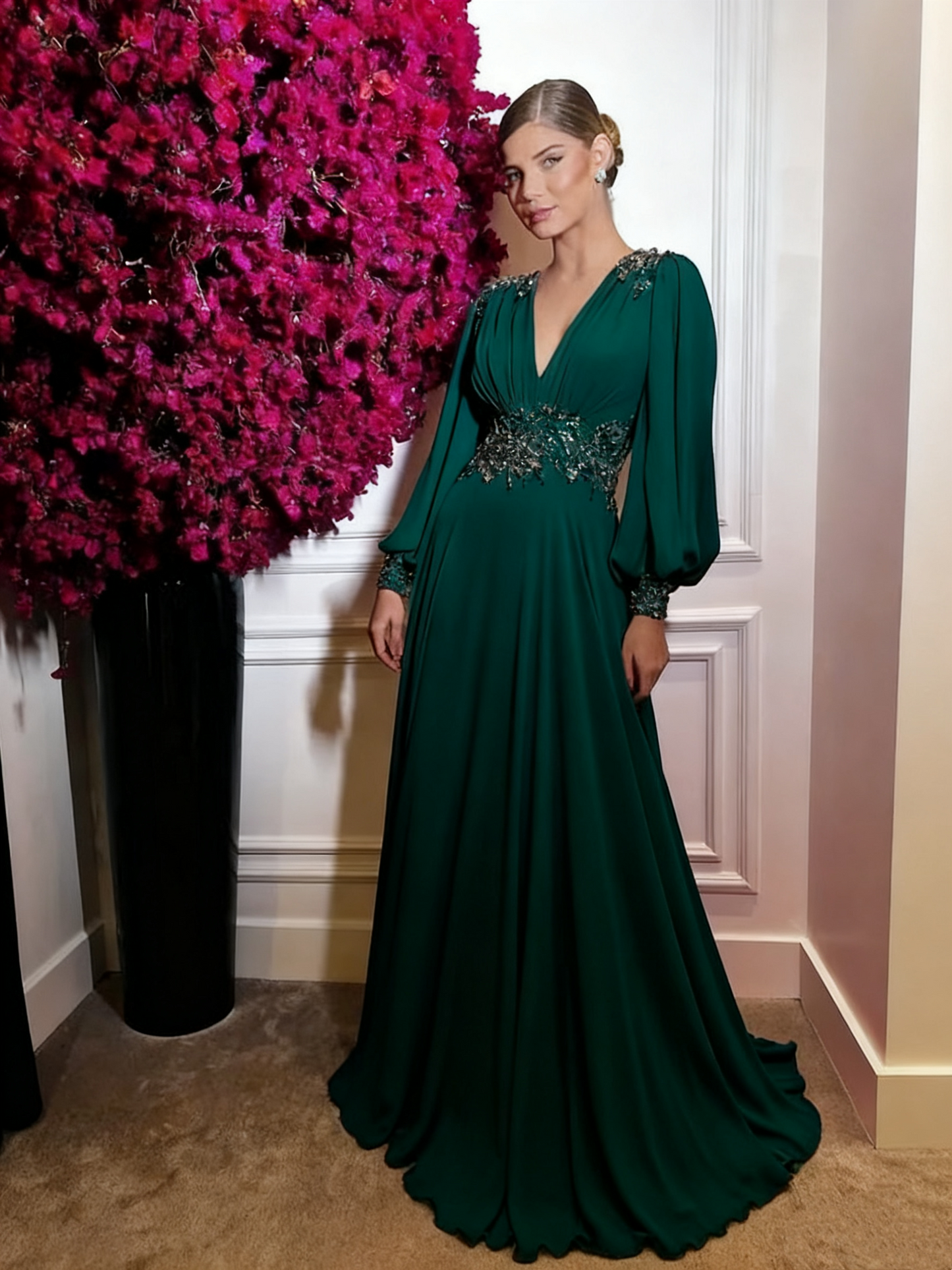 Fuchsia Chiffon Prom Dresses Simple Evening Dress Long Puff Sleeves V Neck Slit A Line Party Gowns      fg4859