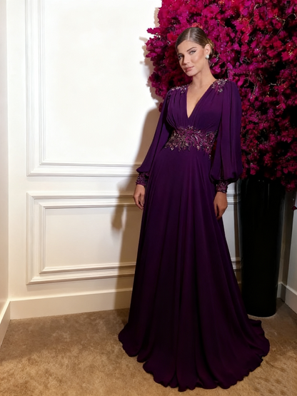 Fuchsia Chiffon Prom Dresses Simple Evening Dress Long Puff Sleeves V Neck Slit A Line Party Gowns      fg4859