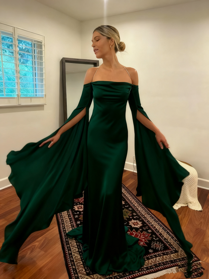 Wedding Dresses Soft Satin Long Floor Length Open Back Simple Bridal Gown With Detachable Flare Sleeves       fg6409