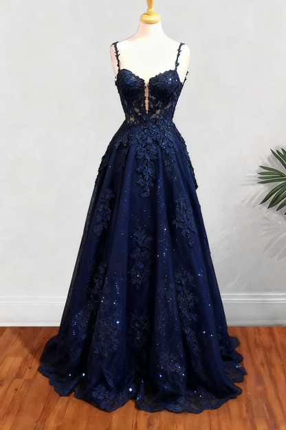 A-line Spaghetti Straps Long/Floor-Length Tulle Prom Dress With Beading Glitter Appliqued       fg6754