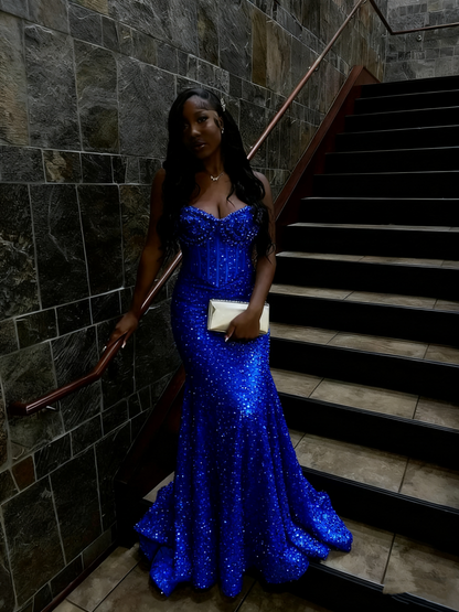 Gold Sequin Mermaid Long Prom Gown Evening Dress    fg7393