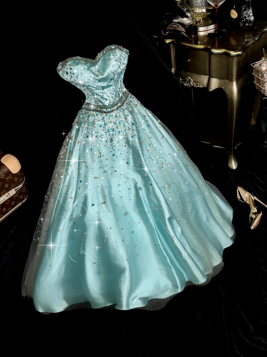 Sweetheart Blue Long Prom Dress Beaded Vintage Birthday Outfit fg8277