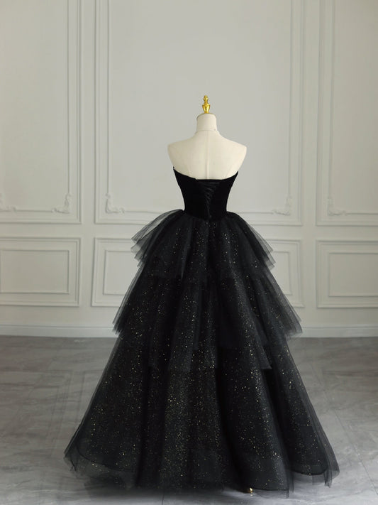 Black Strapless Layered Velvet Tulle Long Prom Dress Evening Dress SH1617