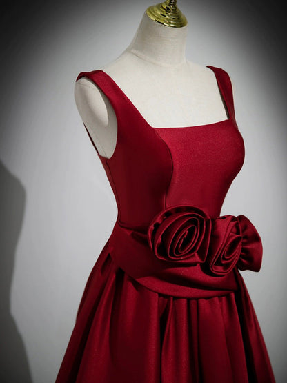 A Line Straps Burgundy Satin Long Prom Dress with Flower SH1724