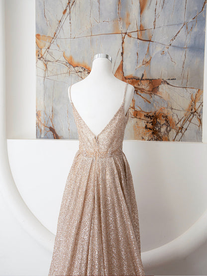 Champagne A Line Spaghetti Strap Sequins Long Prom Dress Evening Dress SH1591