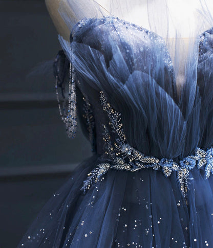 Dark Blue A Line Strapless Beaded Tulle Long Senior Prom Dress Evening Party Dress SH1587