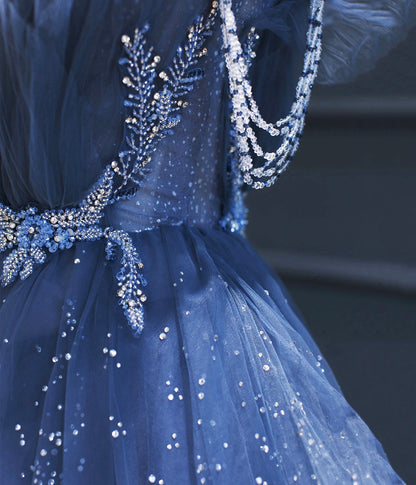 Dark Blue A Line Strapless Beaded Tulle Long Senior Prom Dress Evening Party Dress SH1587