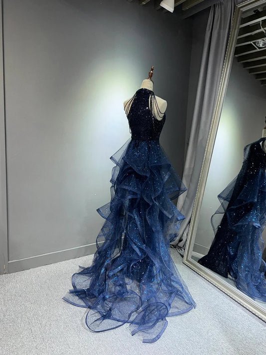 Pretty Navy Blue Sequins Long Prom Party Dress Prom Dress Evening Dresses DP309