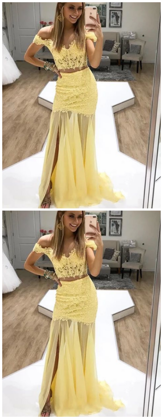 Yellow lace two pieces long prom dress, evening dress P01805