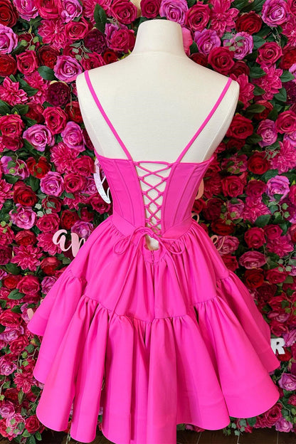 Hot Pink A-line Ruffled Lace-Up Homecoming Dress