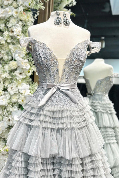 Grey Off-Shoulder Floral A-line Layers Long Prom Dress