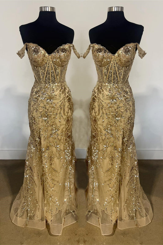 Gold Off-Shoulder Sequined Floral Mermaid Long Prom Dress with Slit