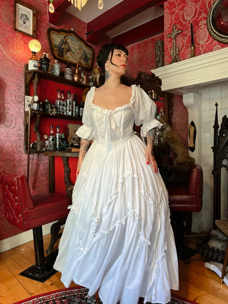 Cute A Line Puff White Satin Long Birthday Dress Evening Dress SH2798