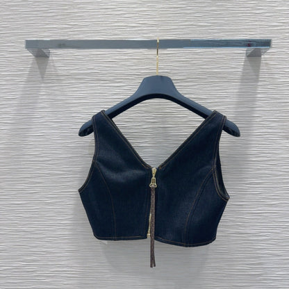 LV 25 Denim Back Zipper Shirt Blue Cotton