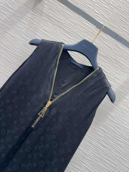 LV 25 Custom Zipper Collar Dress Black White Viscose Rayon