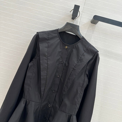 LV 25 Pleated Waist Round Neck Shirt Black Cotton