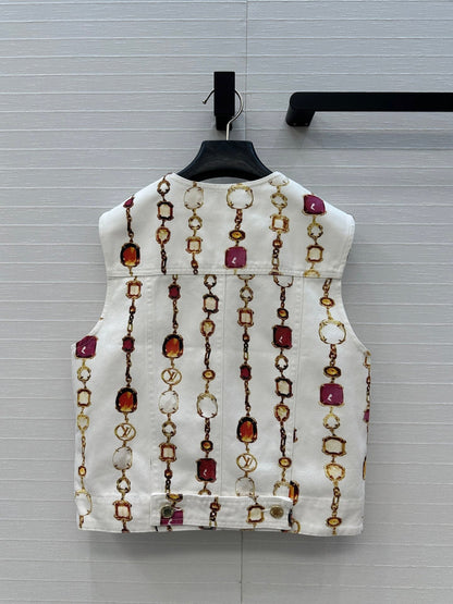 LV 25 Classic Elements Colorful Gemstone Necklace Vest White Cotton