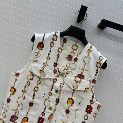 LV 25 Classic Elements Colorful Gemstone Necklace Vest White Cotton