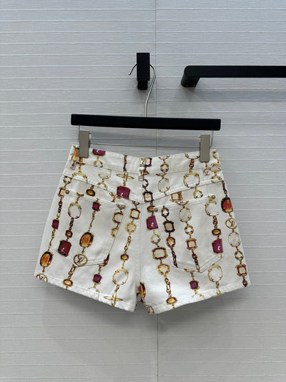 LV 25 Bourgoise Series Printed Zipper Denim Shorts White Cotton