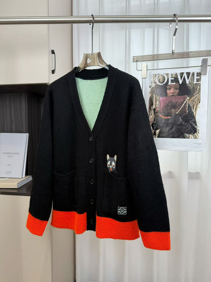 Loewe 2025 V-Neck Button-Up Cardigan Black Mix Colors Wool 331646