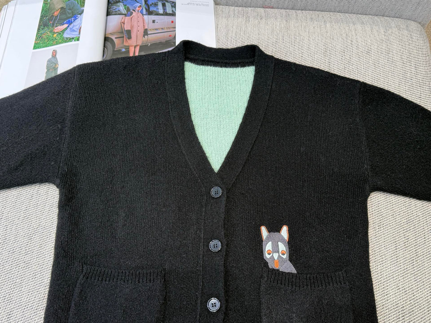 Loewe 2025 V-Neck Button-Up Cardigan Black Mix Colors Wool 331646