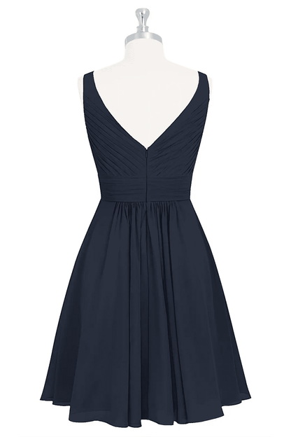 Dark Navy A-line V Neckline Chiffon Knee Length Bridesmaid Dress