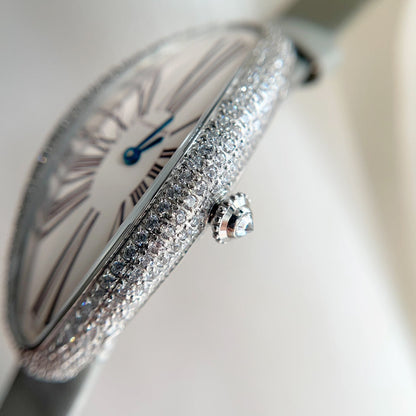 Vintage Baignoire 21mm Silver Diamond Case Grey Leather