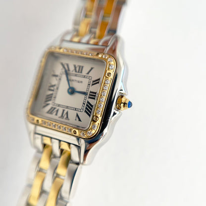 Panthere 22mm Gold Silver Diamond Bezel Double Chain 44cm